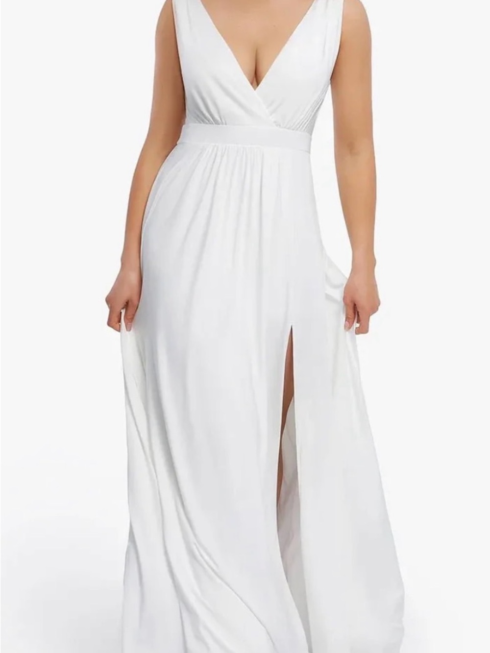 White V-Neck Maxi Dress with Waistband and Side Slit